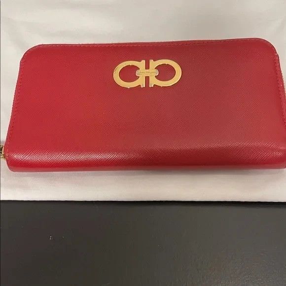 Salvatore Ferragamo Handbags - Salvatore Ferragamo Zip Around Red Leather Wallet Gold Gancini  $575 Preowned